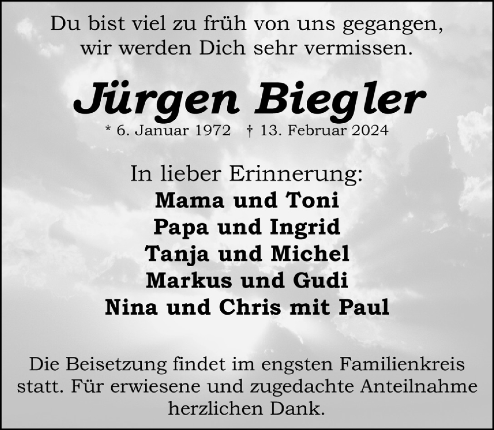  Traueranzeige für Jürgen Biegler vom 17.02.2024 aus Schwabacher Tagblatt Lokal