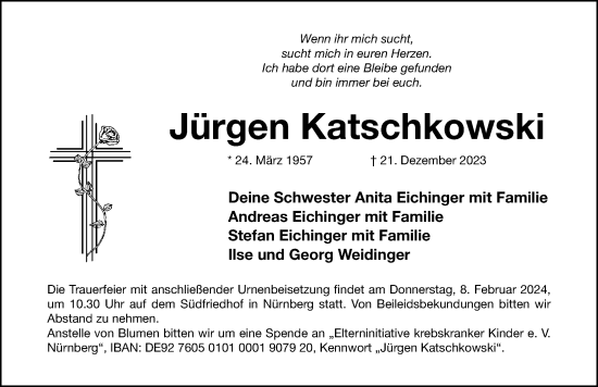 Traueranzeige von Jürgen Katschkowski von Gesamtausgabe Nürnberger Nachrichten/ Nürnberger Ztg.