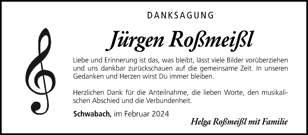  Traueranzeige für Jürgen Roßmeißl vom 24.02.2024 aus Schwabacher Tagblatt Lokal