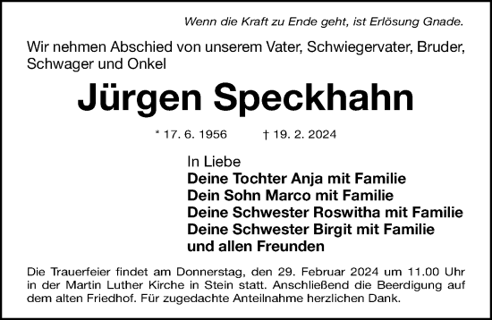 Traueranzeige von Jürgen Speckhahn von Gesamtausgabe Nürnberger Nachrichten/ Nürnberger Ztg.