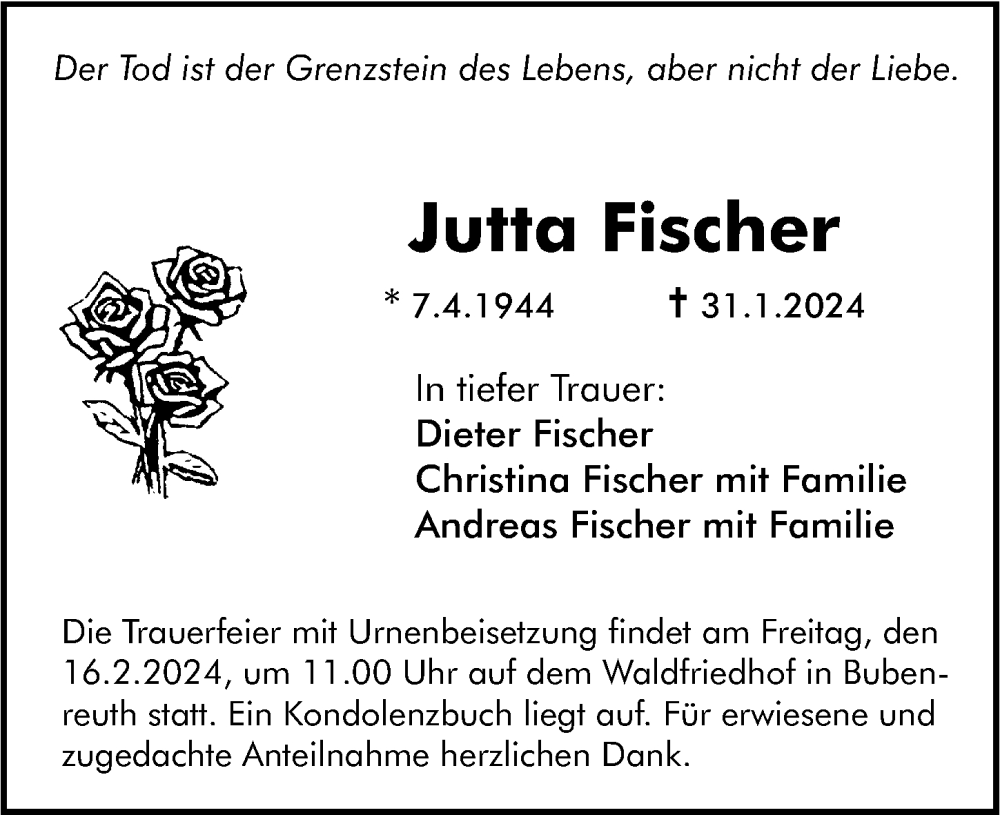  Traueranzeige für Jutta Fischer vom 10.02.2024 aus Erlanger Nachrichten Lokal
