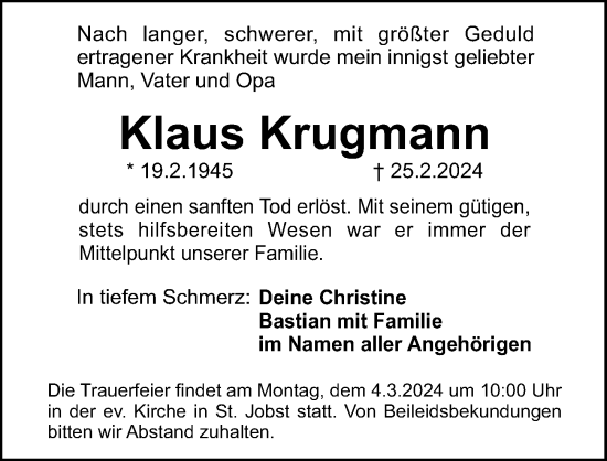 Traueranzeige von Klaus Krugmann von Gesamtausgabe Nürnberger Nachrichten/ Nürnberger Ztg.