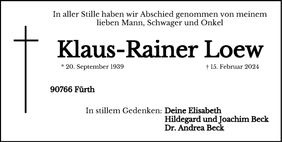 Traueranzeige von Klaus-Rainer Loew von Gesamtausgabe Nürnberger Nachrichten/ Nürnberger Ztg./ Fürther Nachrichten