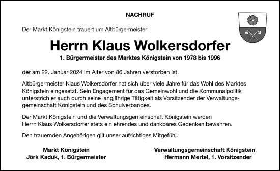 Traueranzeige von Klaus Wolkersdorfer von Nordbayerische Nachrichten Pegnitz Lokal