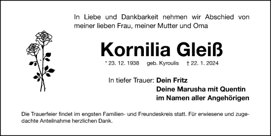 Traueranzeige von Kornilia Gleiß von Gesamtausgabe Nürnberger Nachrichten/ Nürnberger Ztg.