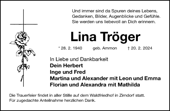 Traueranzeige von Lina Tröger von Fürther Nachrichten Lokal