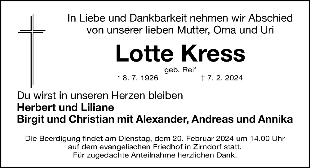  Traueranzeige für Lotte Kress vom 12.02.2024 aus Fürther Nachrichten Lokal