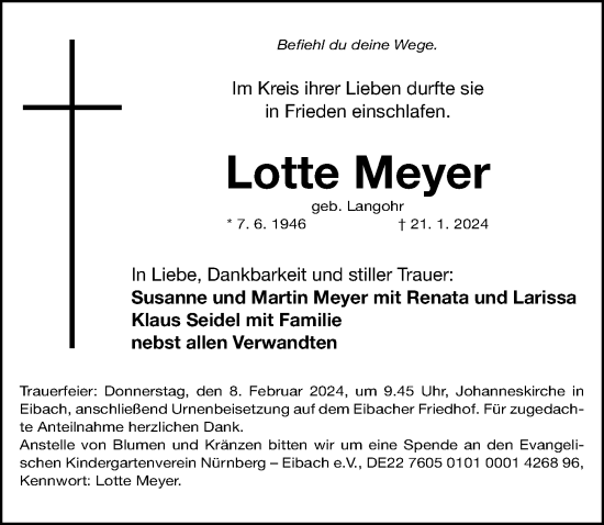 Traueranzeige von Lotte Meyer von Gesamtausgabe Nürnberger Nachrichten/ Nürnberger Ztg.