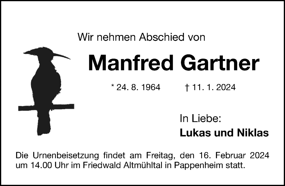  Traueranzeige für Manfred Gartner vom 03.02.2024 aus Gesamtausgabe Nürnberger Nachrichten/ Nürnberger Ztg.