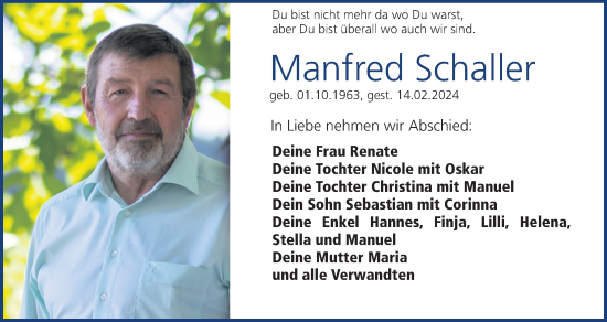 Traueranzeige von Manfred Schaller von Roth-Hilpoltsteiner Volkszeitung Lokal