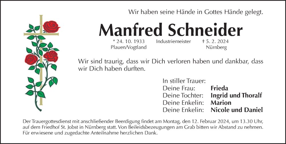  Traueranzeige für Manfred Schneider vom 10.02.2024 aus Gesamtausgabe Nürnberger Nachrichten/ Nürnberger Ztg.
