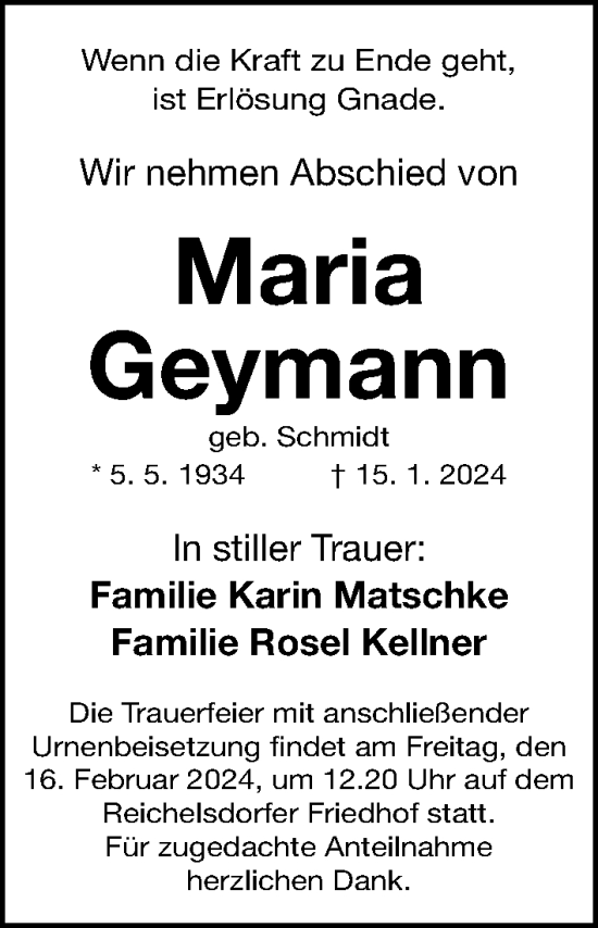 Traueranzeige von Maria Geymann von Gesamtausgabe Nürnberger Nachrichten/ Nürnberger Ztg.