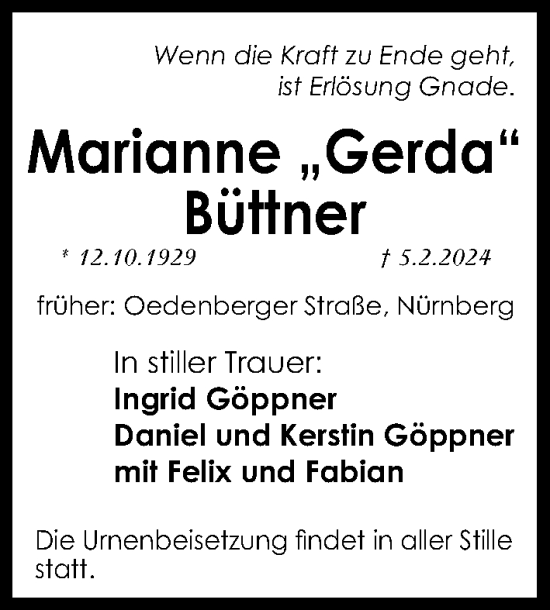 Traueranzeige von Marianne Büttner von Gesamtausgabe Nürnberger Nachrichten/ Nürnberger Ztg.