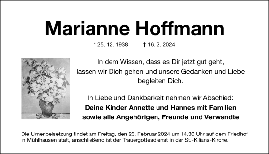 Traueranzeige von Marianne Hoffmann von Nordbayerische Nachrichten Herzogenaurach Lokal