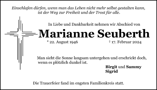 Traueranzeige von Marianne Seuberth von Gesamtausgabe Nürnberger Nachrichten/ Nürnberger Ztg.
