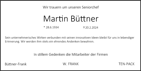 Traueranzeige von Martin Büttner von Gesamtausgabe Nürnberger Nachrichten/ Nürnberger Ztg./ Erlanger Nachrichten