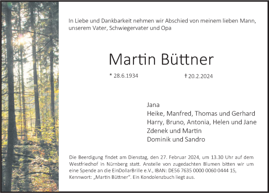 Traueranzeige von Martin Büttner von Gesamtausgabe Nürnberger Nachrichten/ Nürnberger Ztg./ Erlanger Nachrichten
