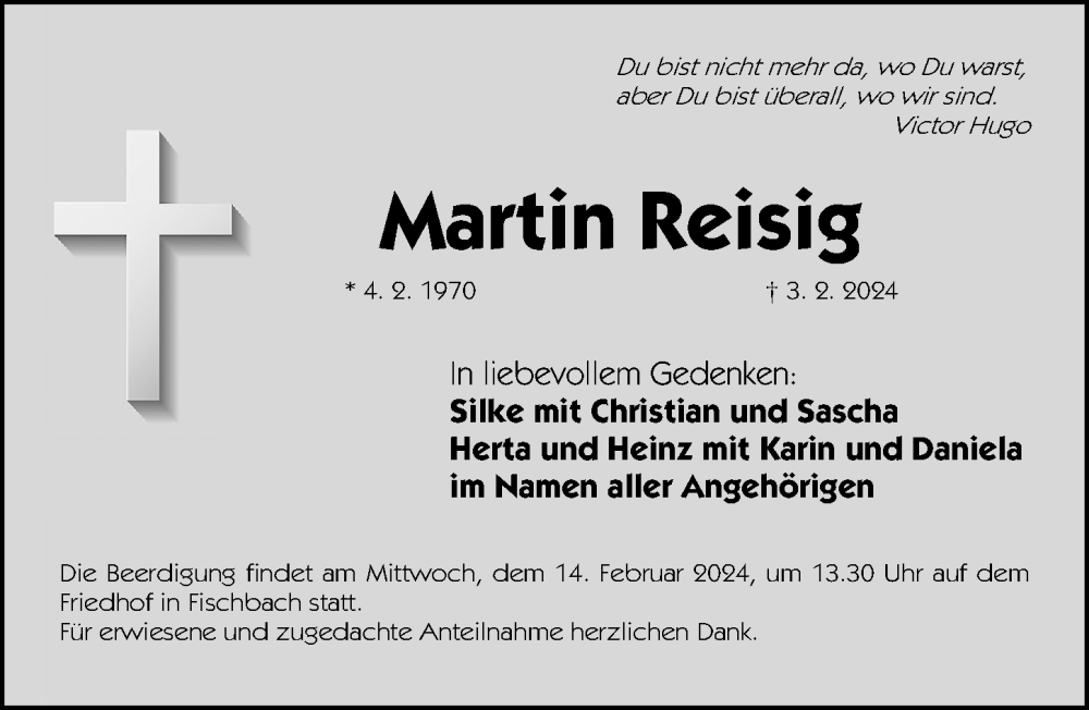  Traueranzeige für Martin Reisig vom 10.02.2024 aus Gesamtausgabe Nürnberger Nachrichten/ Nürnberger Ztg.