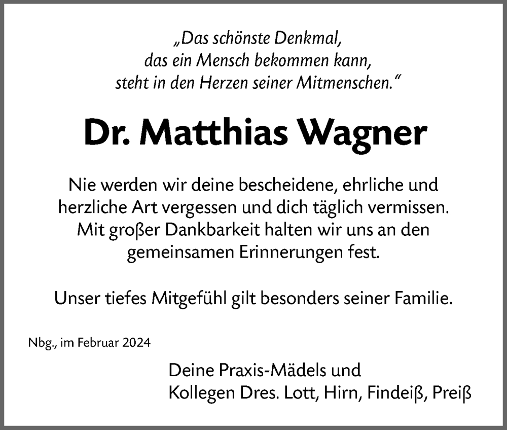 Traueranzeige für Matthias Wagner vom 24.02.2024 aus Gesamtausgabe Nürnberger Nachrichten/ Nürnberger Ztg.