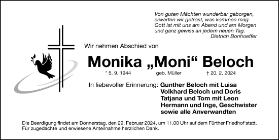 Traueranzeige von Monika Beloch von Fürther Nachrichten Lokal