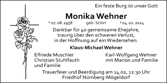 Traueranzeige von Monika Wehner von Gesamtausgabe Nürnberger Nachrichten/ Nürnberger Ztg.