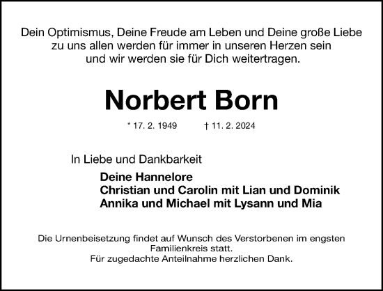 Traueranzeige von Norbert Born von Fürther Nachrichten Lokal