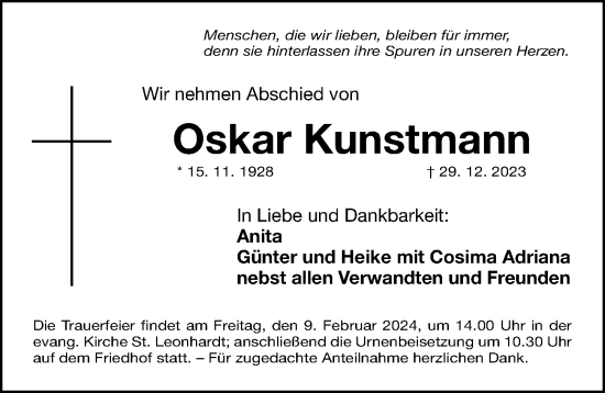 Traueranzeige von Oskar Kunstmann von Gesamtausgabe Nürnberger Nachrichten/ Nürnberger Ztg.