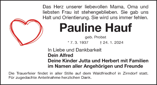 Traueranzeige von Pauline Hauf von Fürther Nachrichten Lokal