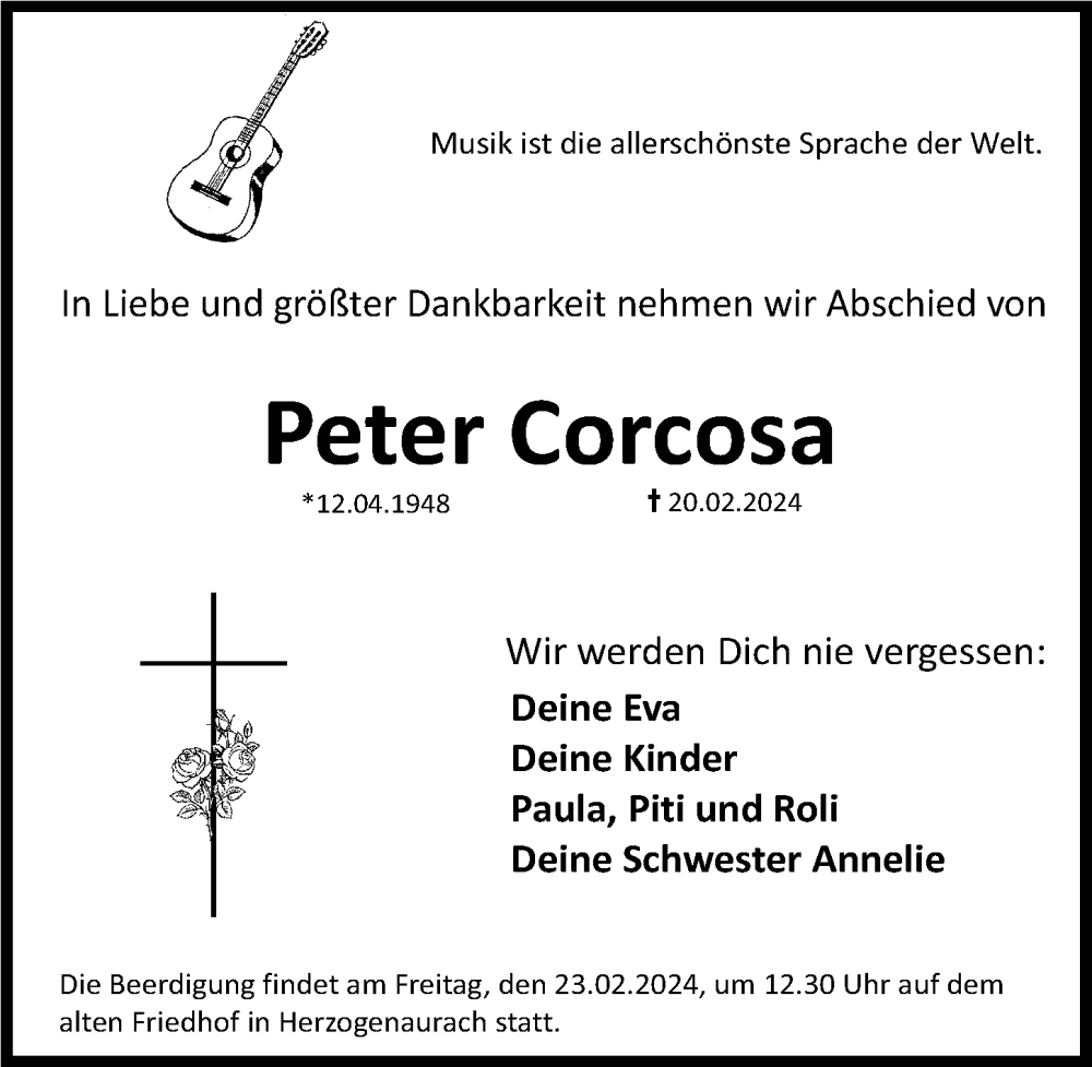 Traueranzeige für Peter Corcosa vom 22.02.2024 aus Nordbayerische Nachrichten Herzogenaurach Lokal