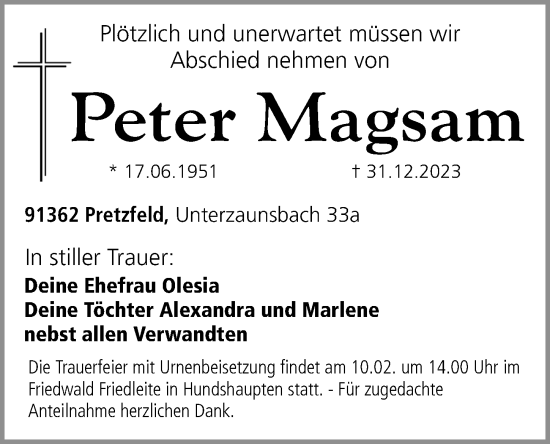 Traueranzeige von Peter Magsam von Nordbayerische Nachrichten Forchheim Lokal