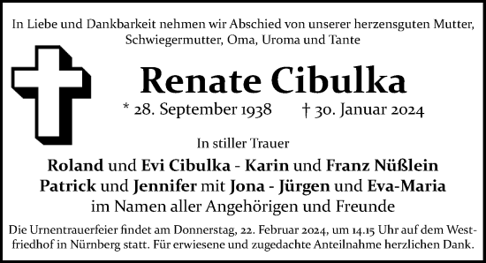 Traueranzeige von Renate Cibulka von Gesamtausgabe Nürnberger Nachrichten/ Nürnberger Ztg.