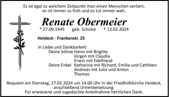 Traueranzeige von Renate Obermeier von Roth-Hilpoltsteiner Volkszeitung Lokal