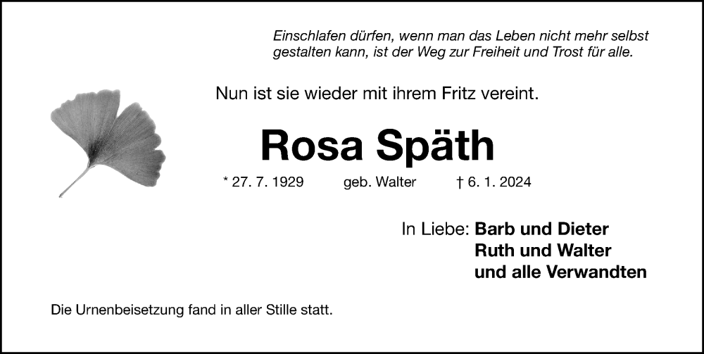 Traueranzeigen von Rosa Späth | trauer.nn.de