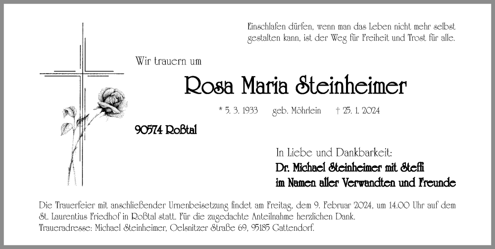 Traueranzeige für Rosa Maria Steinheimer vom 07.02.2024 aus Fürther Nachrichten Lokal