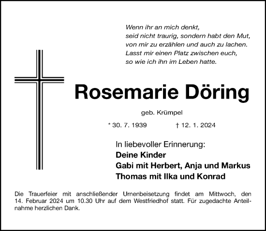 Traueranzeige von Rosemarie Döring von Gesamtausgabe Nürnberger Nachrichten/ Nürnberger Ztg.