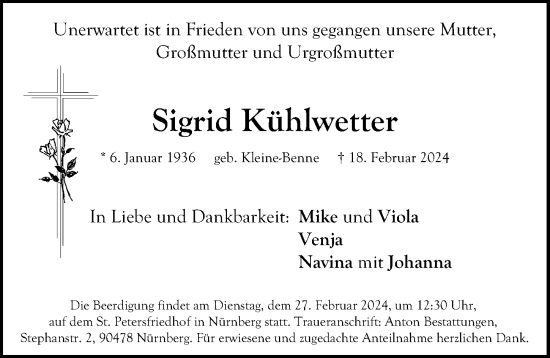 Traueranzeige von Sigrid Kühlwetter von Gesamtausgabe Nürnberger Nachrichten/ Nürnberger Ztg.