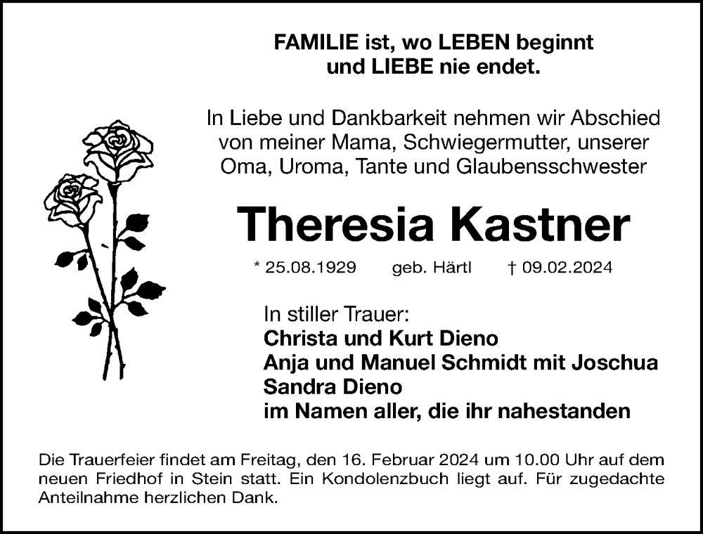  Traueranzeige für Theresia Kastner vom 14.02.2024 aus Gesamtausgabe Nürnberger Nachrichten/ Nürnberger Ztg.