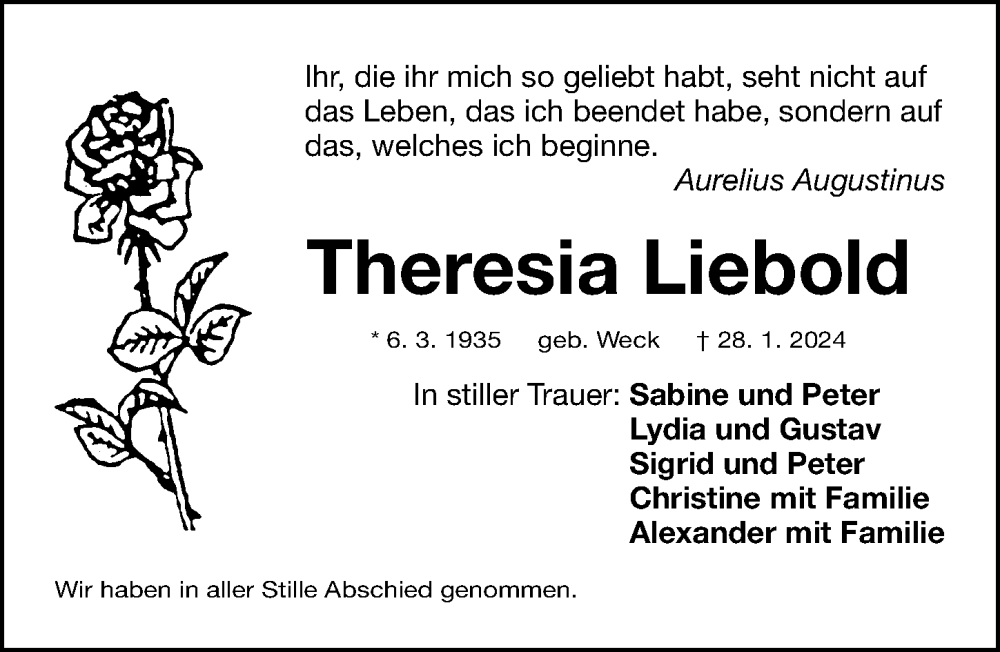  Traueranzeige für Theresia Liebold vom 14.02.2024 aus Fürther Nachrichten Lokal