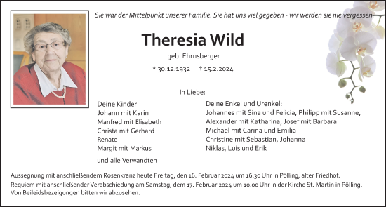 Traueranzeige von Theresia Wild von Neumarkter Nachrichten Lokal