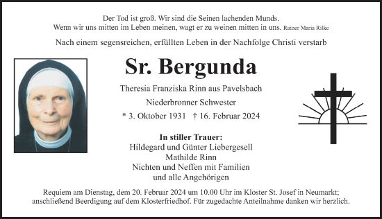 Traueranzeige von Theresia Franziska Rinn von Neumarkter Nachrichten Lokal