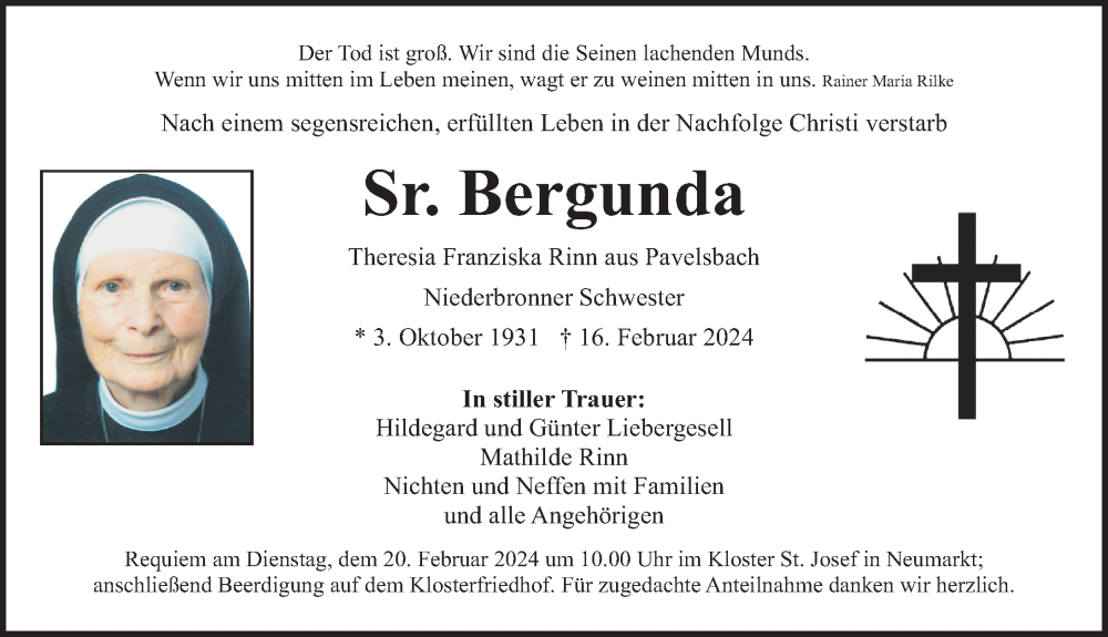  Traueranzeige für Theresia Franziska Rinn vom 19.02.2024 aus Neumarkter Nachrichten Lokal