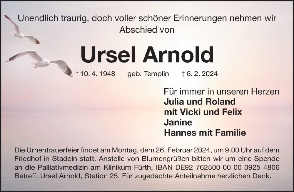  Traueranzeige für Ursel Arnold vom 21.02.2024 aus Fürther Nachrichten Lokal