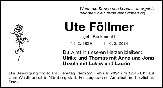 Traueranzeige von Ute Föllmer von Gesamtausgabe Nürnberger Nachrichten/ Nürnberger Ztg.