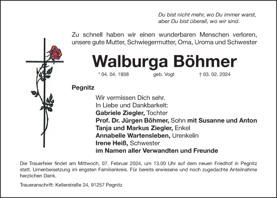 Traueranzeige von Walburga Böhmer von Nordbayerische Nachrichten Pegnitz Lokal