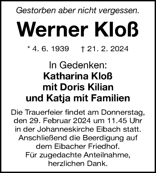 Traueranzeige von Werner Kloß von Gesamtausgabe Nürnberger Nachrichten/ Nürnberger Ztg.