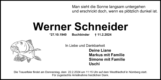 Traueranzeige von Werner Schneider von Gesamtausgabe Nürnberger Nachrichten/ Nürnberger Ztg.
