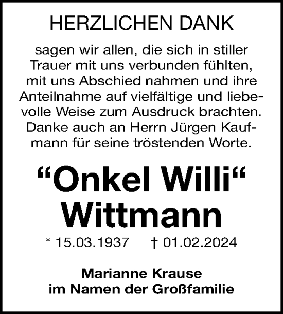 Traueranzeige von Willi Wittmann von Gesamtausgabe Nürnberger Nachrichten/ Nürnberger Ztg.
