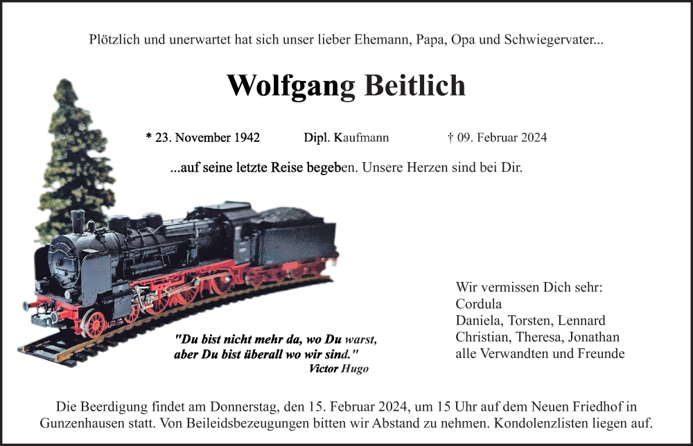  Traueranzeige für Wolfgang Beitlich vom 13.02.2024 aus Altmühl-Bote Lokal