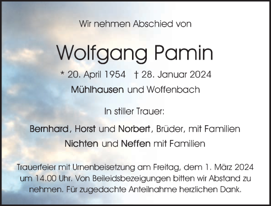 Traueranzeige von Wolfgang Pamin von Neumarkter Nachrichten Lokal