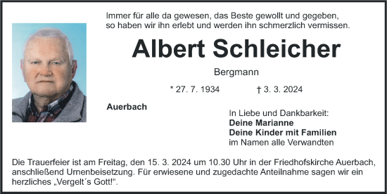 Traueranzeige von Albert Schleicher von Nordbayerische Nachrichten Pegnitz Lokal